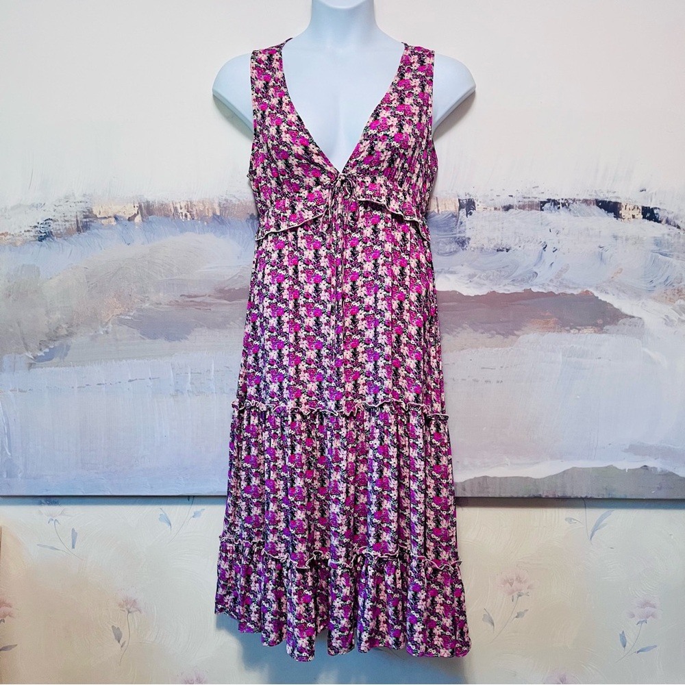 EASEL Garden Party Midi Dress Purple Floral Tiered Ruffles Sleeveless Size L‎